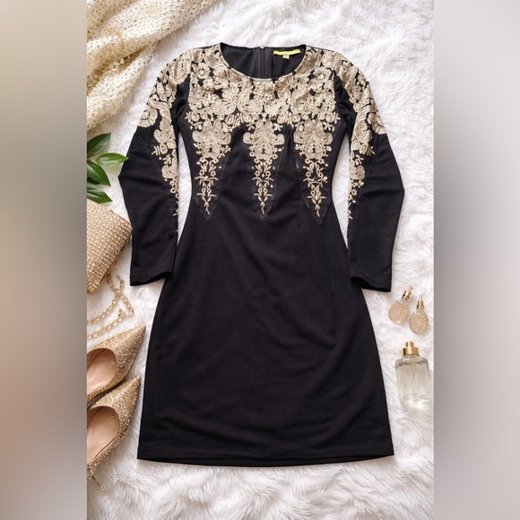 Gianni Bini Dresses & Skirts - Gianni Bini Black Dress Gold Embroidered Lace Long Sleeve XS